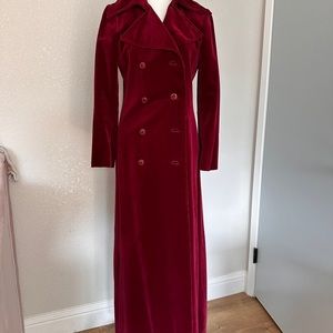 I. Magnin velvet burgandy long coat 53 inches long